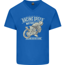 Motorcycle Racing Biker Skull Motorbike Mens V-Neck Cotton T-Shirt Royal Blue