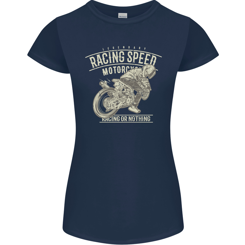 Motorcycle Racing Biker Skull Motorbike Womens Petite Cut T-Shirt Navy Blue