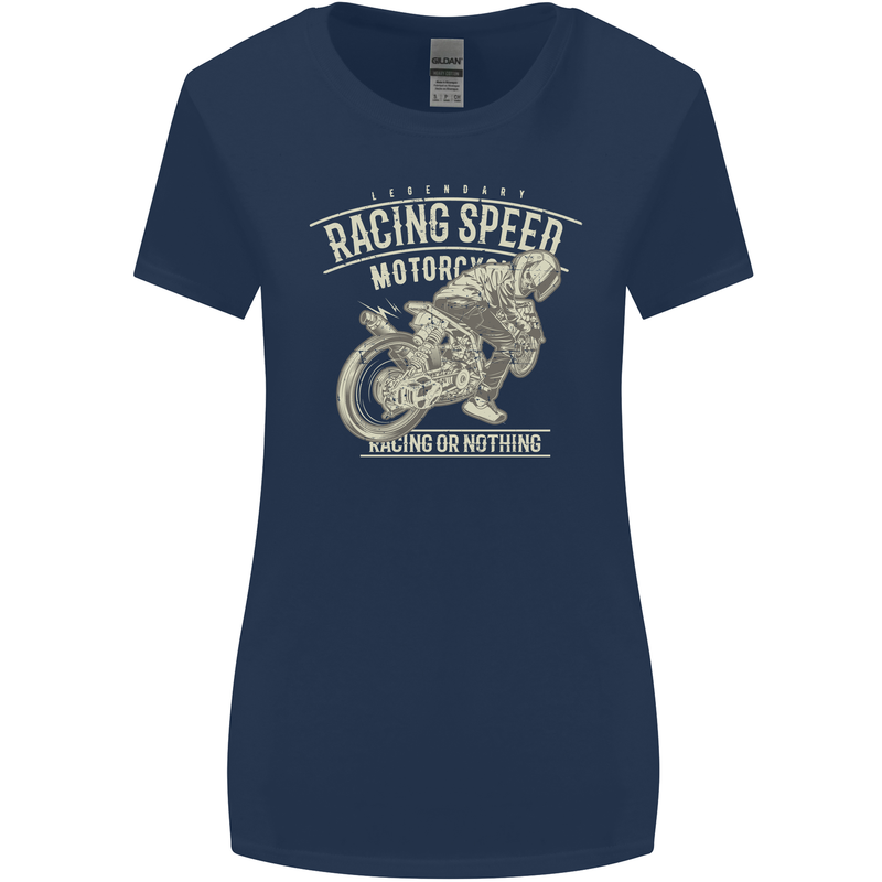 Motorcycle Racing Biker Skull Motorbike Womens Wider Cut T-Shirt Navy Blue