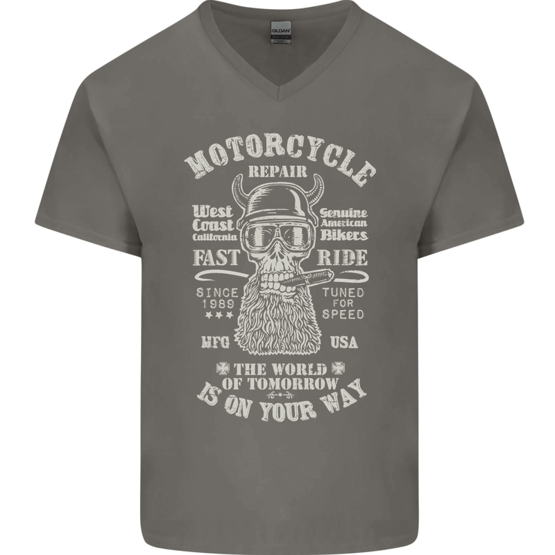 Motorcycle Repair Motorbike Biker Mens V-Neck Cotton T-Shirt Charcoal