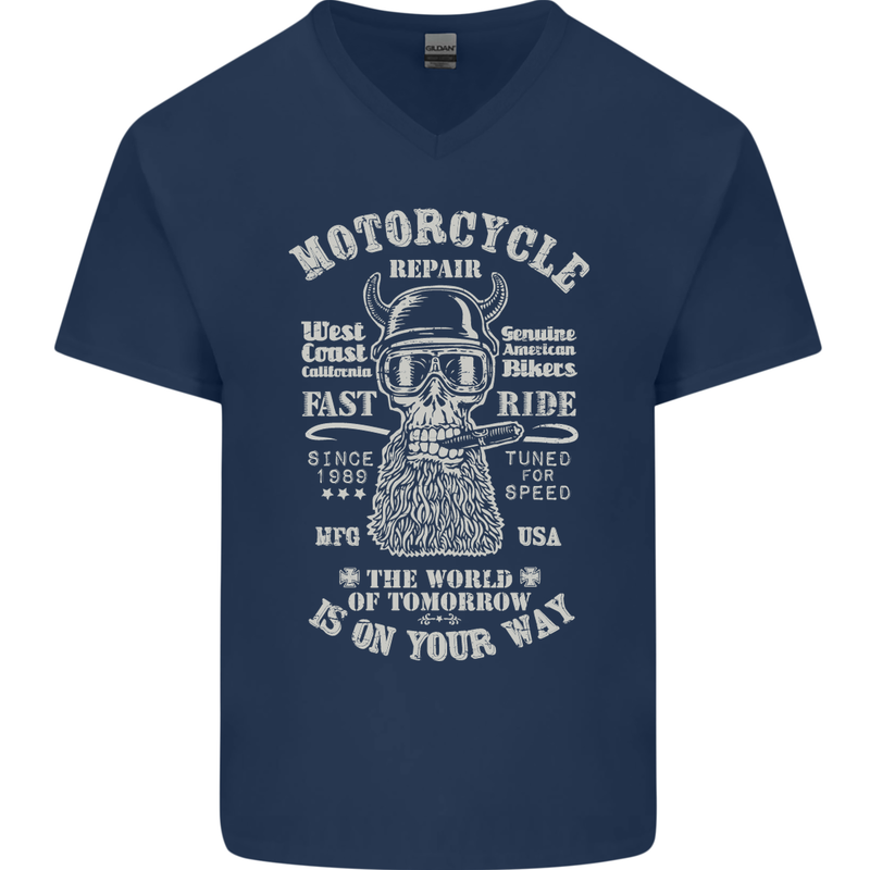 Motorcycle Repair Motorbike Biker Mens V-Neck Cotton T-Shirt Navy Blue