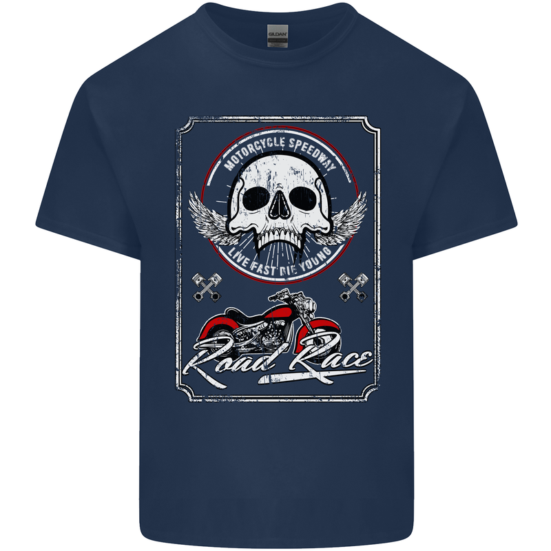 Motorcycle Road Race Biker Motorbike Skull Kids T-Shirt Childrens Navy Blue