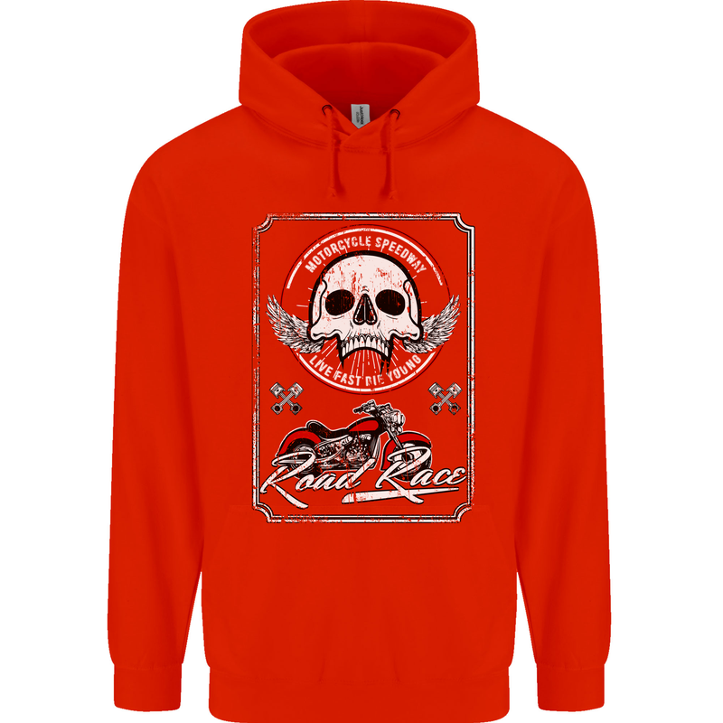 Motorcycle Road Race Biker Motorbike Skull Mens 80% Cotton Hoodie Bright Red