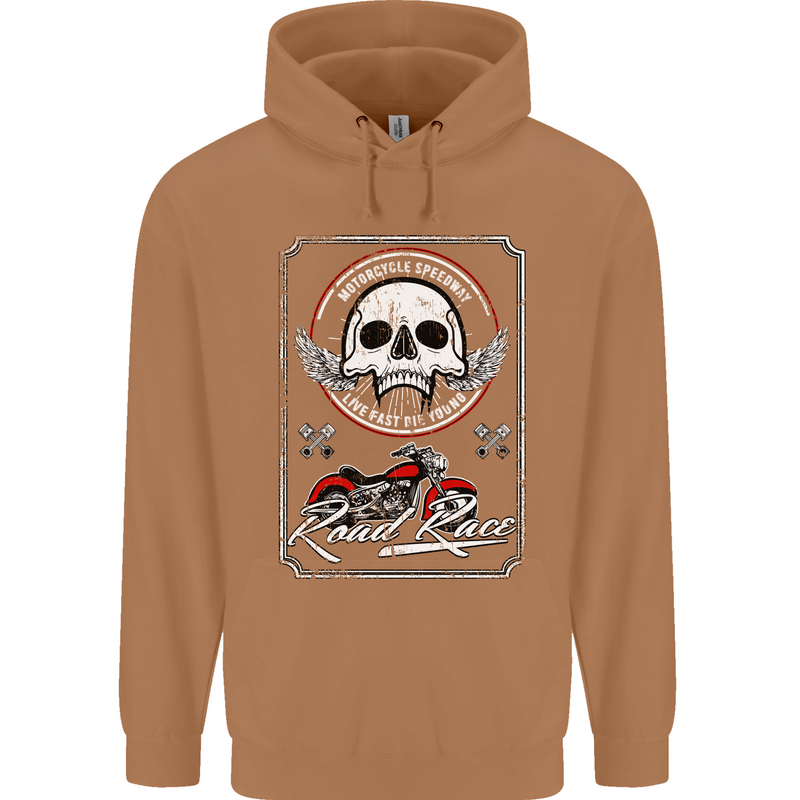 Motorcycle Road Race Biker Motorbike Skull Mens 80% Cotton Hoodie Caramel Latte