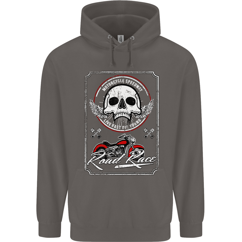 Motorcycle Road Race Biker Motorbike Skull Mens 80% Cotton Hoodie Charcoal
