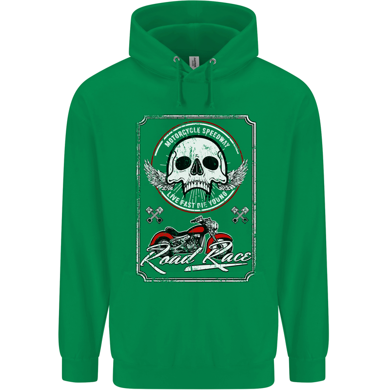 Motorcycle Road Race Biker Motorbike Skull Mens 80% Cotton Hoodie Irish Green
