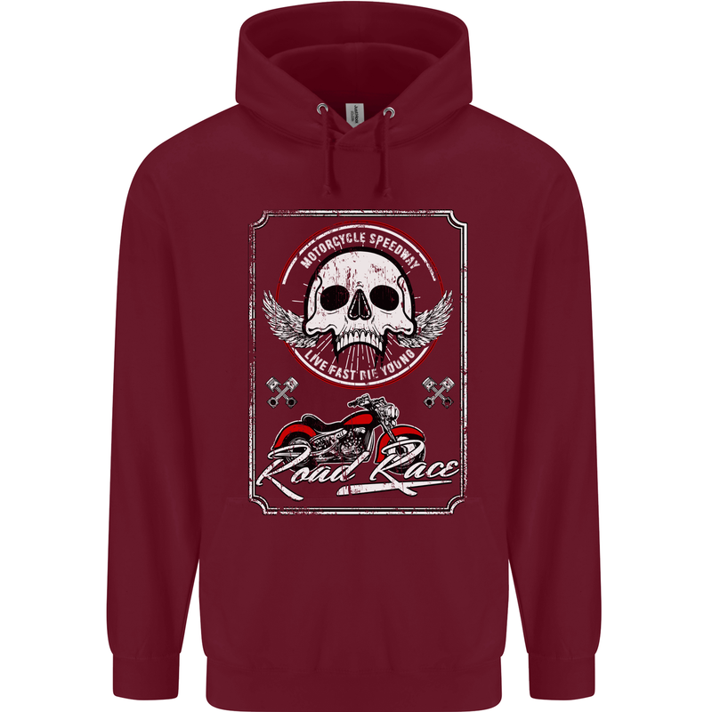 Motorcycle Road Race Biker Motorbike Skull Mens 80% Cotton Hoodie Maroon