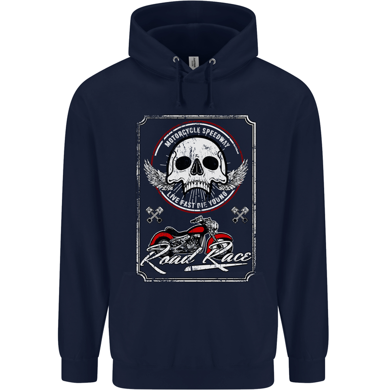 Motorcycle Road Race Biker Motorbike Skull Mens 80% Cotton Hoodie Navy Blue