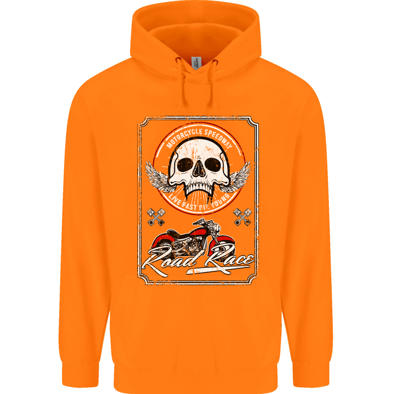 Motorcycle Road Race Biker Motorbike Skull Mens 80% Cotton Hoodie Orange
