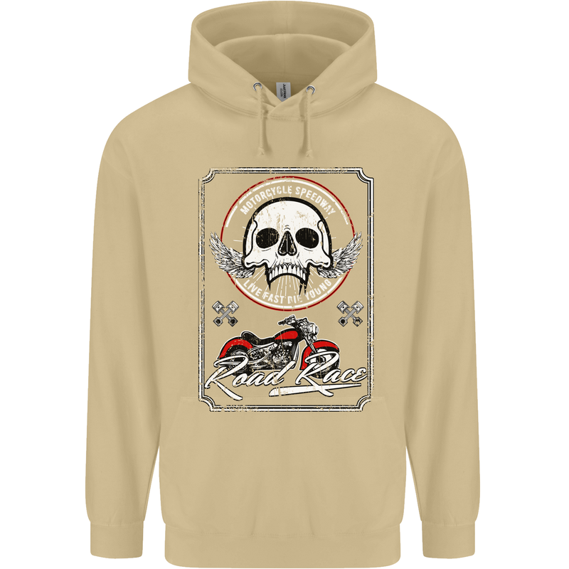 Motorcycle Road Race Biker Motorbike Skull Mens 80% Cotton Hoodie Sand