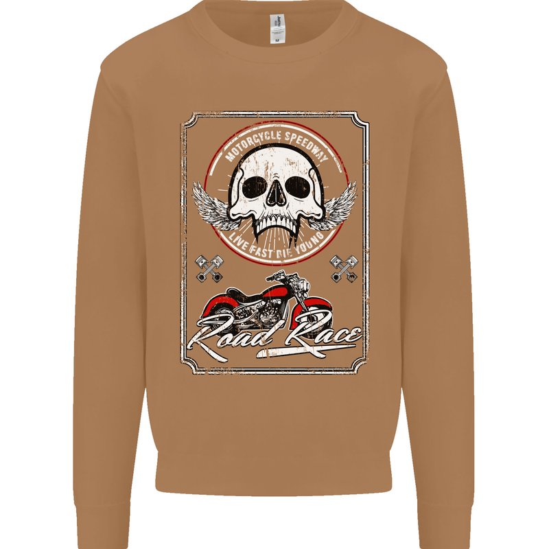 Motorcycle Road Race Biker Motorbike Skull Mens Sweatshirt Jumper Caramel Latte