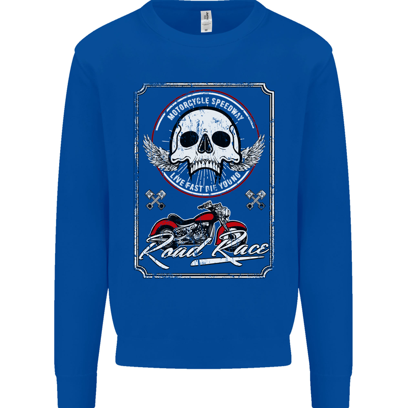 Motorcycle Road Race Biker Motorbike Skull Mens Sweatshirt Jumper Royal Blue