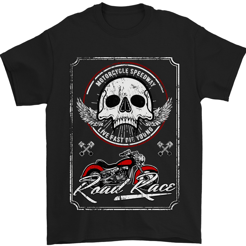 Motorcycle Road Race Biker Motorbike Skull Mens T-Shirt Cotton Gildan Black