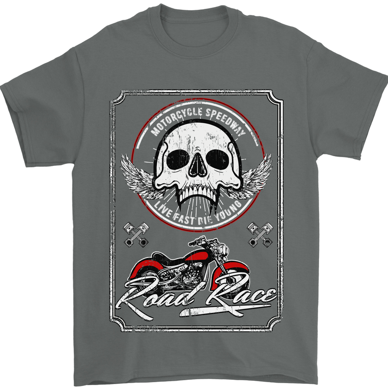 Motorcycle Road Race Biker Motorbike Skull Mens T-Shirt Cotton Gildan Charcoal
