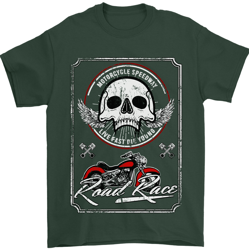 Motorcycle Road Race Biker Motorbike Skull Mens T-Shirt Cotton Gildan Forest Green
