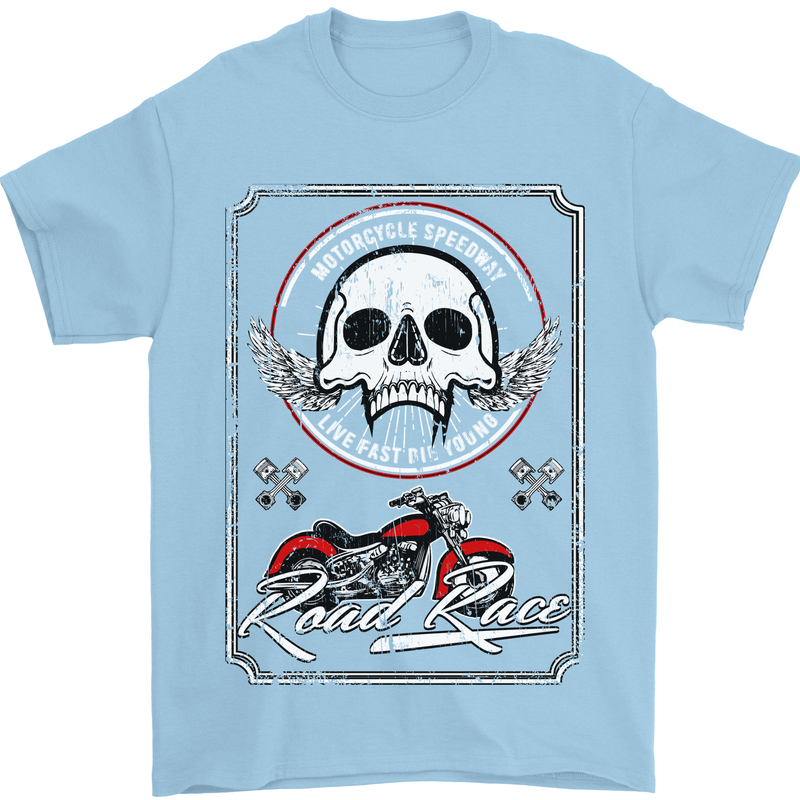 Motorcycle Road Race Biker Motorbike Skull Mens T-Shirt Cotton Gildan Light Blue