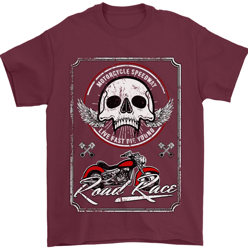 Motorcycle Road Race Biker Motorbike Skull Mens T-Shirt Cotton Gildan Maroon