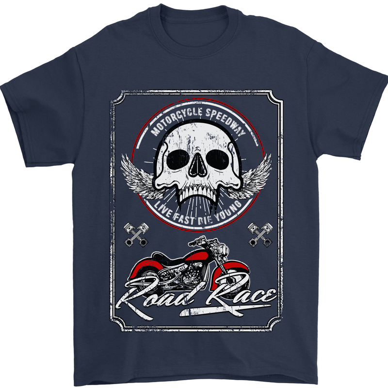 Motorcycle Road Race Biker Motorbike Skull Mens T-Shirt Cotton Gildan Navy Blue