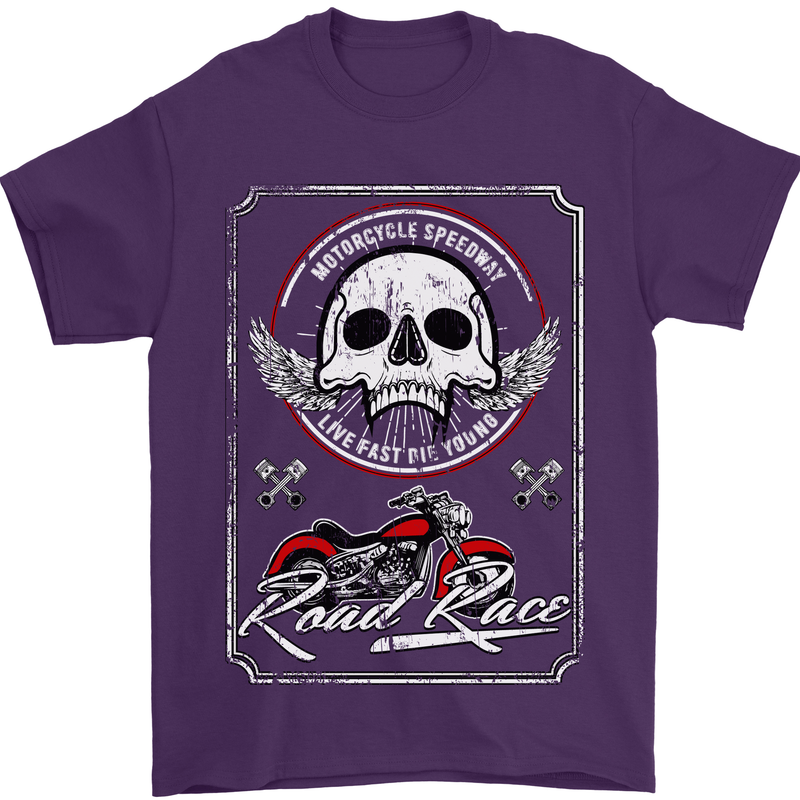 Motorcycle Road Race Biker Motorbike Skull Mens T-Shirt Cotton Gildan Purple