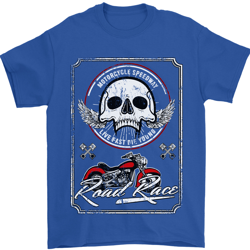 Motorcycle Road Race Biker Motorbike Skull Mens T-Shirt Cotton Gildan Royal Blue