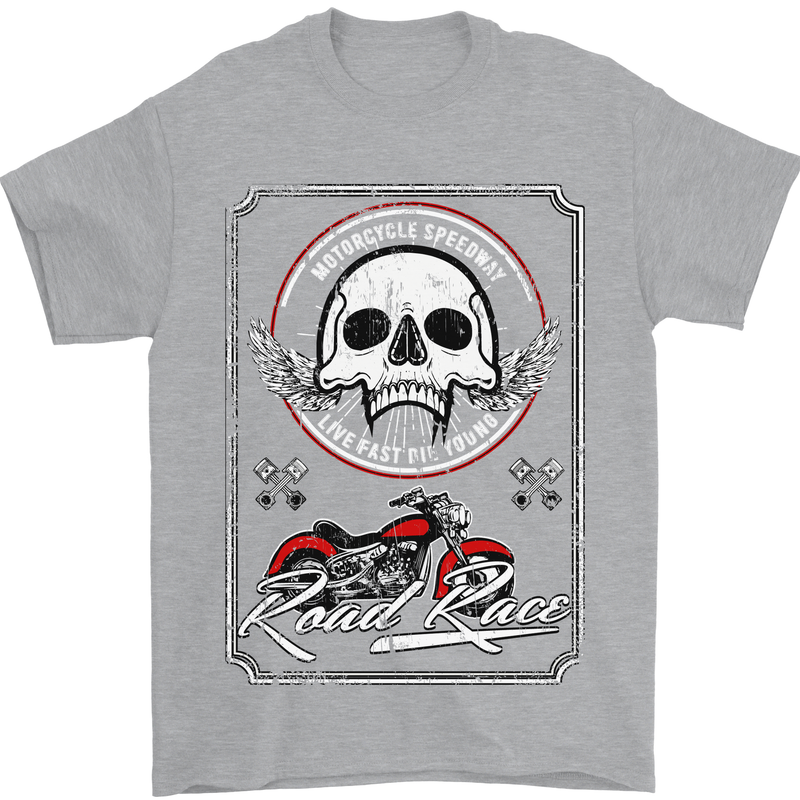 Motorcycle Road Race Biker Motorbike Skull Mens T-Shirt Cotton Gildan Sports Grey