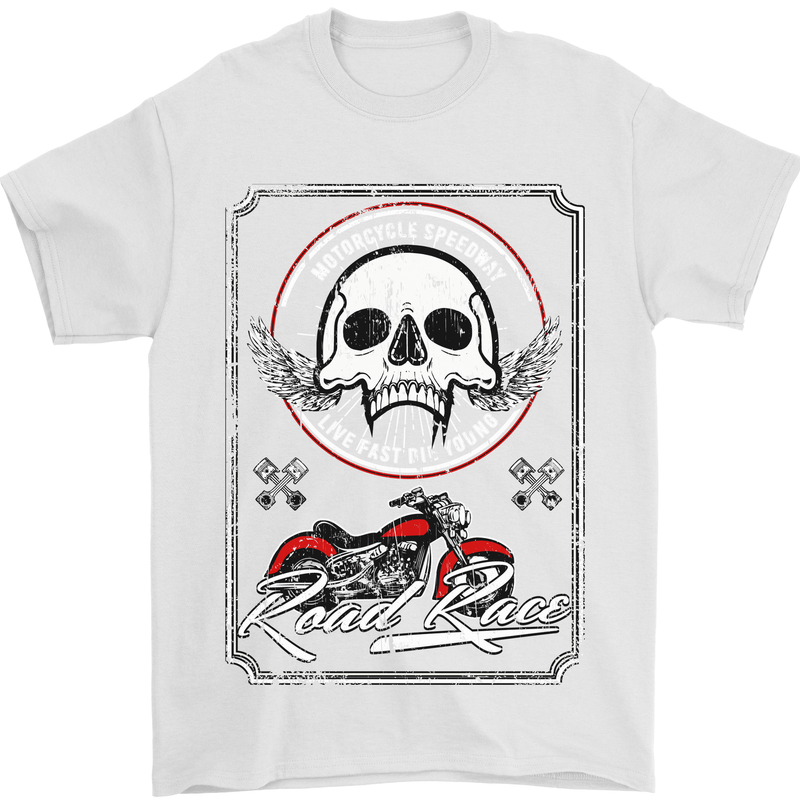 Motorcycle Road Race Biker Motorbike Skull Mens T-Shirt Cotton Gildan White