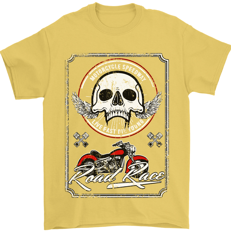 Motorcycle Road Race Biker Motorbike Skull Mens T-Shirt Cotton Gildan Yellow