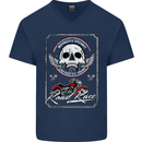 Motorcycle Road Race Biker Motorbike Skull Mens V-Neck Cotton T-Shirt Navy Blue