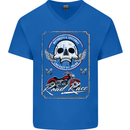 Motorcycle Road Race Biker Motorbike Skull Mens V-Neck Cotton T-Shirt Royal Blue