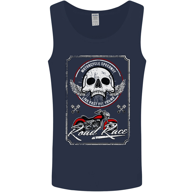 Motorcycle Road Race Biker Motorbike Skull Mens Vest Tank Top Navy Blue