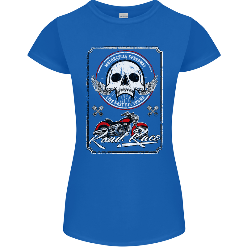 Motorcycle Road Race Biker Motorbike Skull Womens Petite Cut T-Shirt Royal Blue