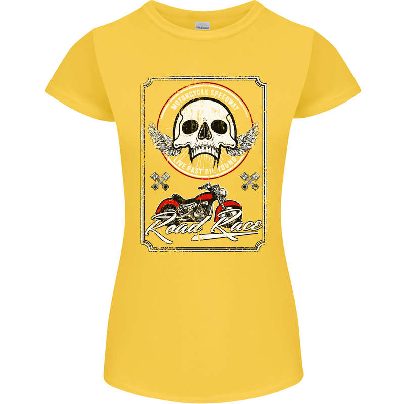 Motorcycle Road Race Biker Motorbike Skull Womens Petite Cut T-Shirt Yellow