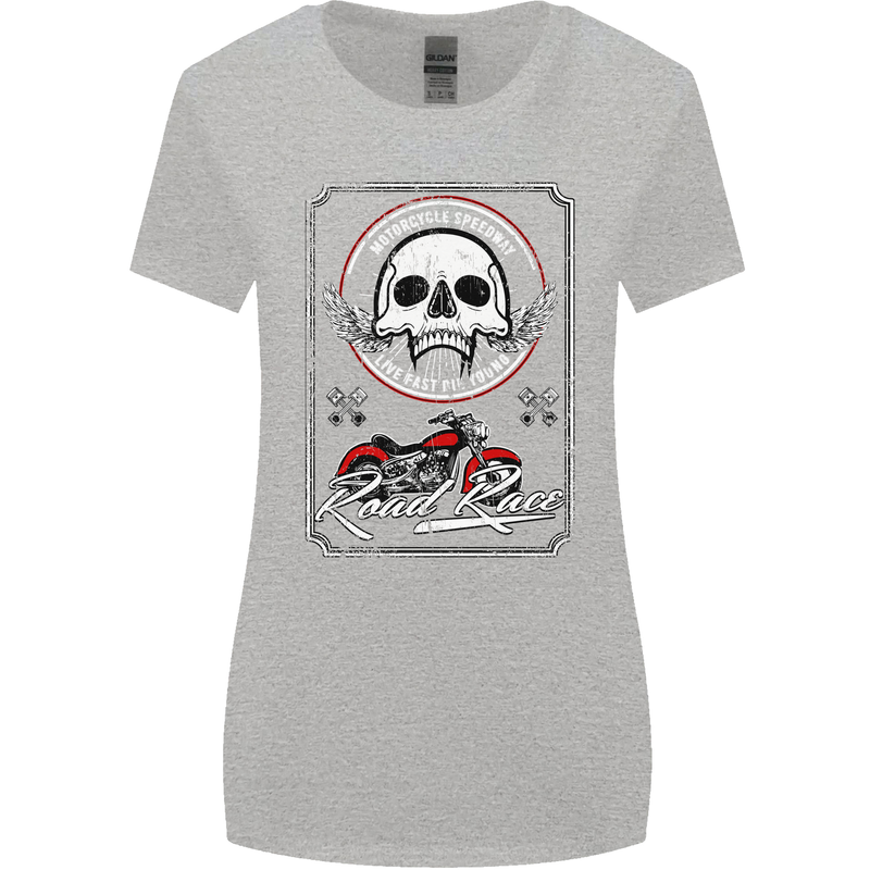 Motorcycle Road Race Biker Motorbike Skull Womens Wider Cut T-Shirt Sports Grey
