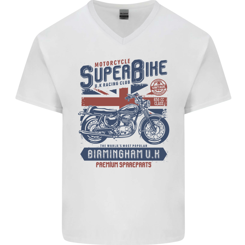 Motorcycle Superbike Birmingham U.K. Biker Mens V-Neck Cotton T-Shirt White