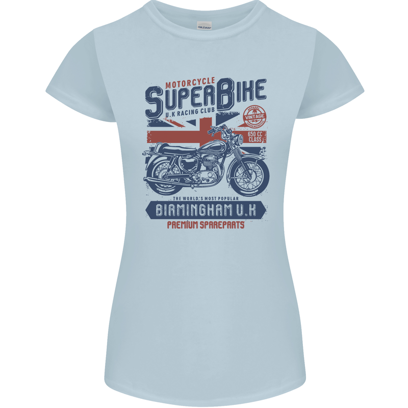 Motorcycle Superbike Birmingham U.K. Biker Womens Petite Cut T-Shirt Light Blue
