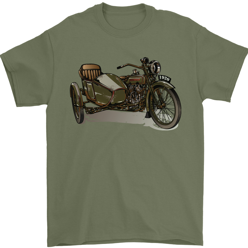 Motorcycle and Sidecar Biker Motorbike Mens T-Shirt Cotton Gildan Military Green