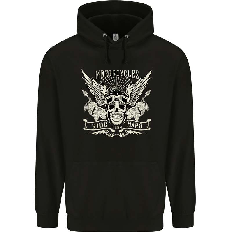 Motorcycles Ride Hard Biker Skull Motorbike Childrens Kids Hoodie Black