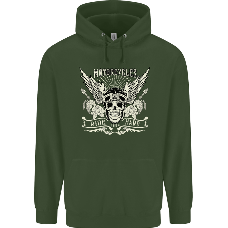 Motorcycles Ride Hard Biker Skull Motorbike Childrens Kids Hoodie Forest Green