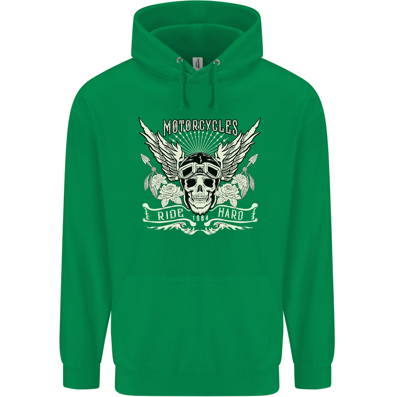 Motorcycles Ride Hard Biker Skull Motorbike Childrens Kids Hoodie Irish Green