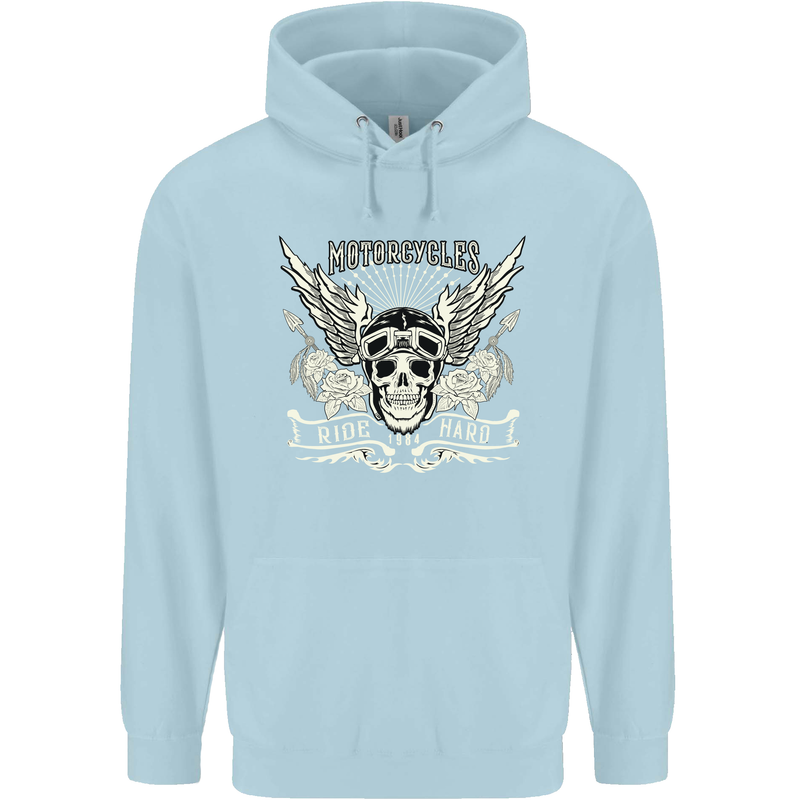 Motorcycles Ride Hard Biker Skull Motorbike Childrens Kids Hoodie Light Blue