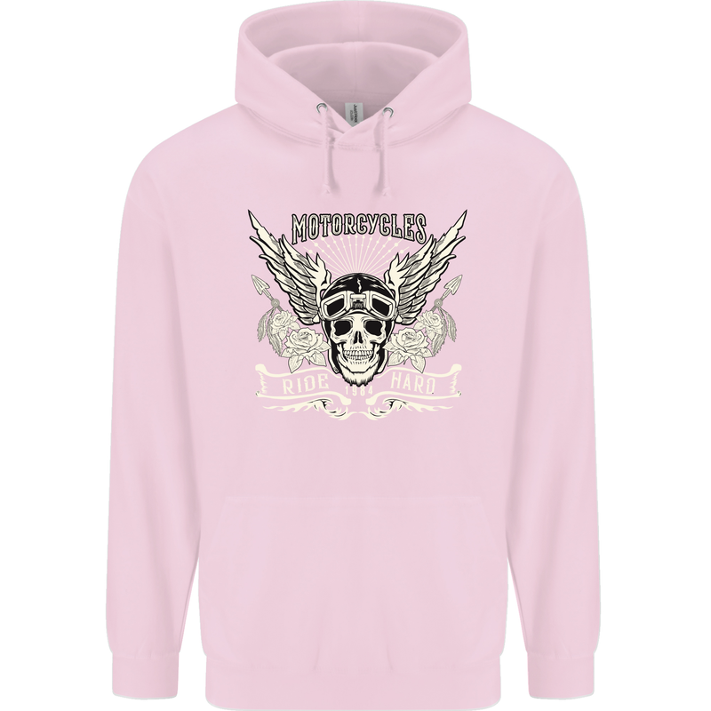 Motorcycles Ride Hard Biker Skull Motorbike Childrens Kids Hoodie Light Pink