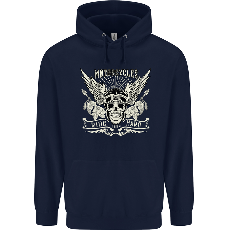 Motorcycles Ride Hard Biker Skull Motorbike Childrens Kids Hoodie Navy Blue