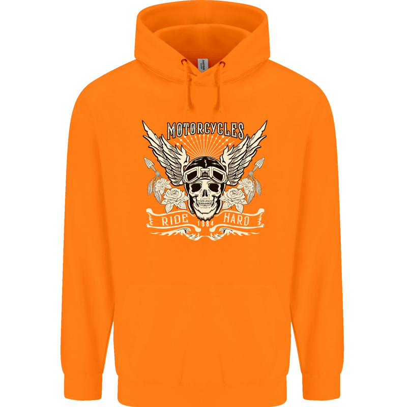 Motorcycles Ride Hard Biker Skull Motorbike Childrens Kids Hoodie Orange