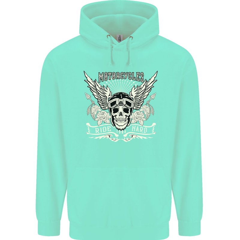 Motorcycles Ride Hard Biker Skull Motorbike Childrens Kids Hoodie Peppermint