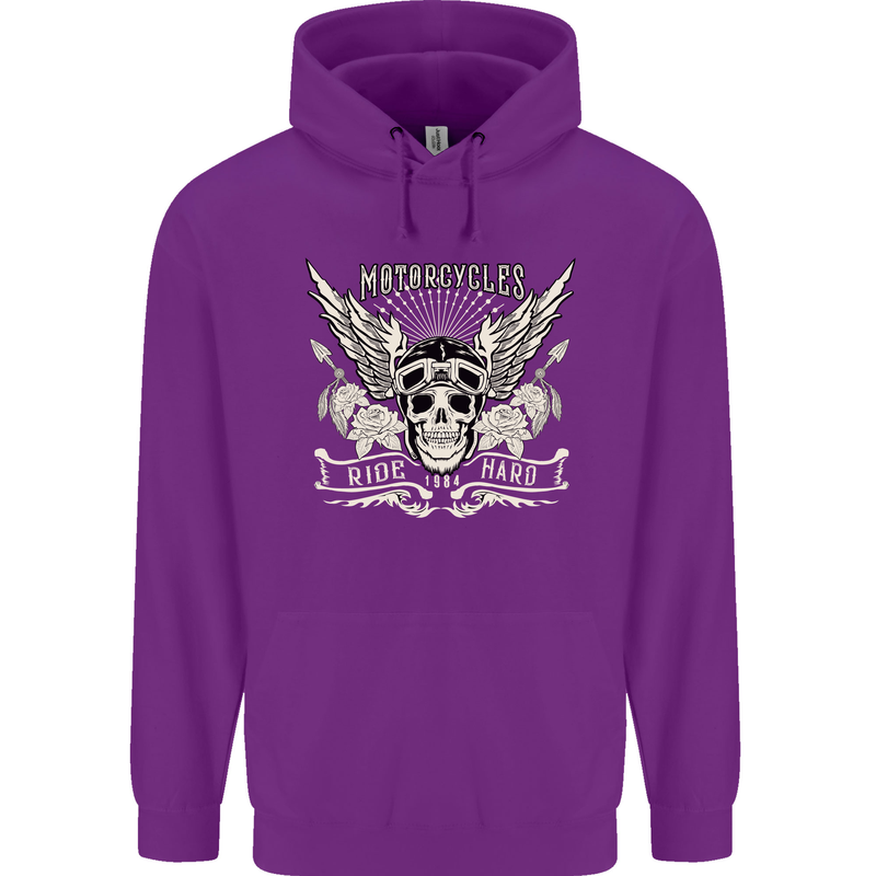 Motorcycles Ride Hard Biker Skull Motorbike Childrens Kids Hoodie Purple
