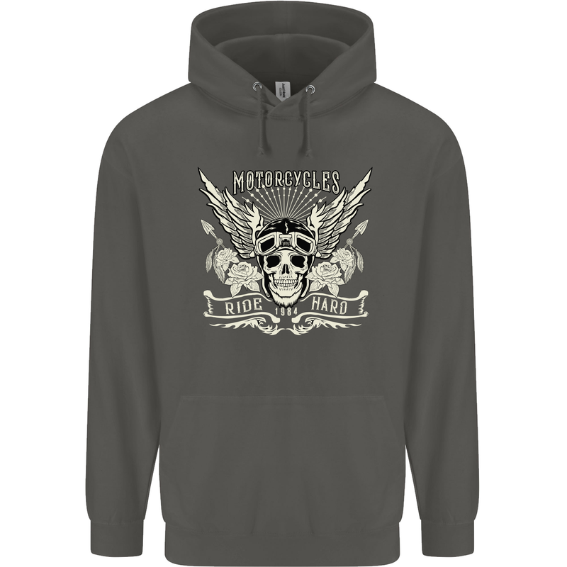 Motorcycles Ride Hard Biker Skull Motorbike Childrens Kids Hoodie Storm Grey