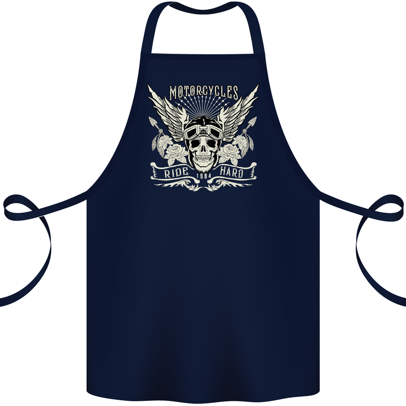 Motorcycles Ride Hard Biker Skull Motorbike Cotton Apron 100% Organic Navy Blue