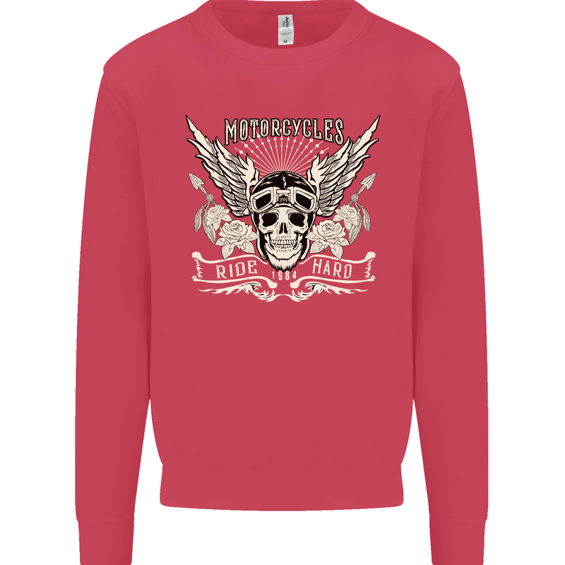 Motorcycles Ride Hard Biker Skull Motorbike Kids Sweatshirt Jumper Heliconia