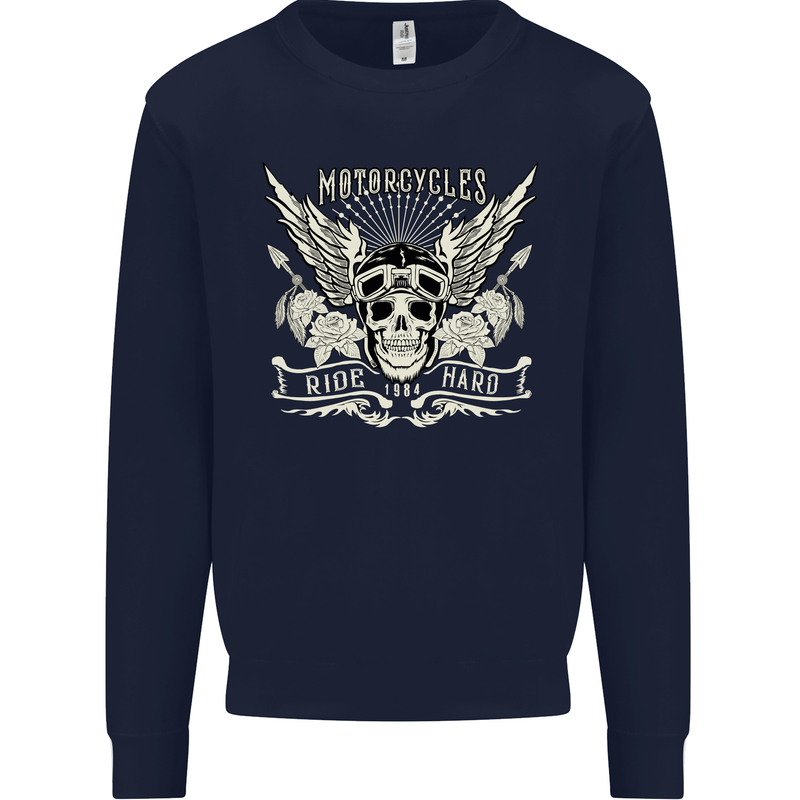 Motorcycles Ride Hard Biker Skull Motorbike Kids Sweatshirt Jumper Navy Blue
