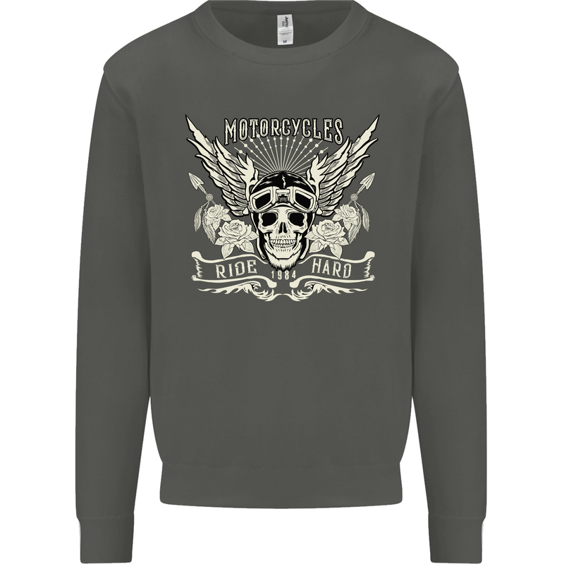 Motorcycles Ride Hard Biker Skull Motorbike Kids Sweatshirt Jumper Storm Grey